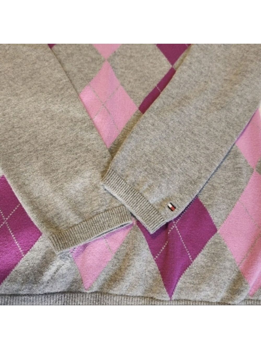 Tommy Hilfiger Y2K Argyle V-Neck Sweater Light Academia Pima Cotton Pink Small - Picture 6 of 8